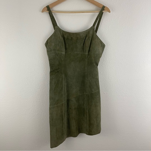 ARTURO Vintage 90s Army Green Suede Leather Grunge Asymmetrical Hem Mini Dress - Picture 1 of 8
